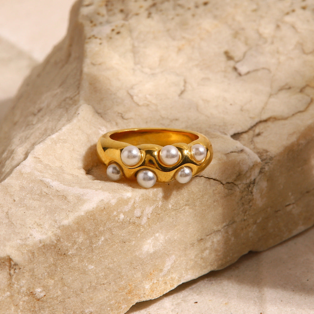 5pcs Vintage Light Luxury Senior Sense Pea-Pod Pearl Ring Ring Ring Plated 18K Gold Not Fade Titanium Steel Ring Female