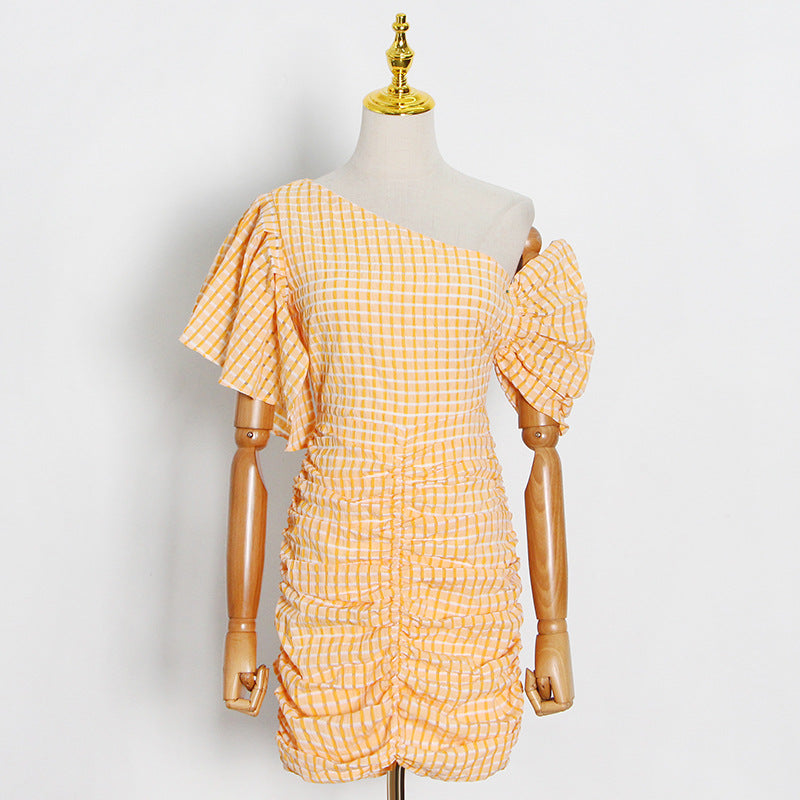 Spring New Fashion Plaid Fold Oblique Shoulder Slim Pencil Bag Hip Skirt Elastic Dress Women