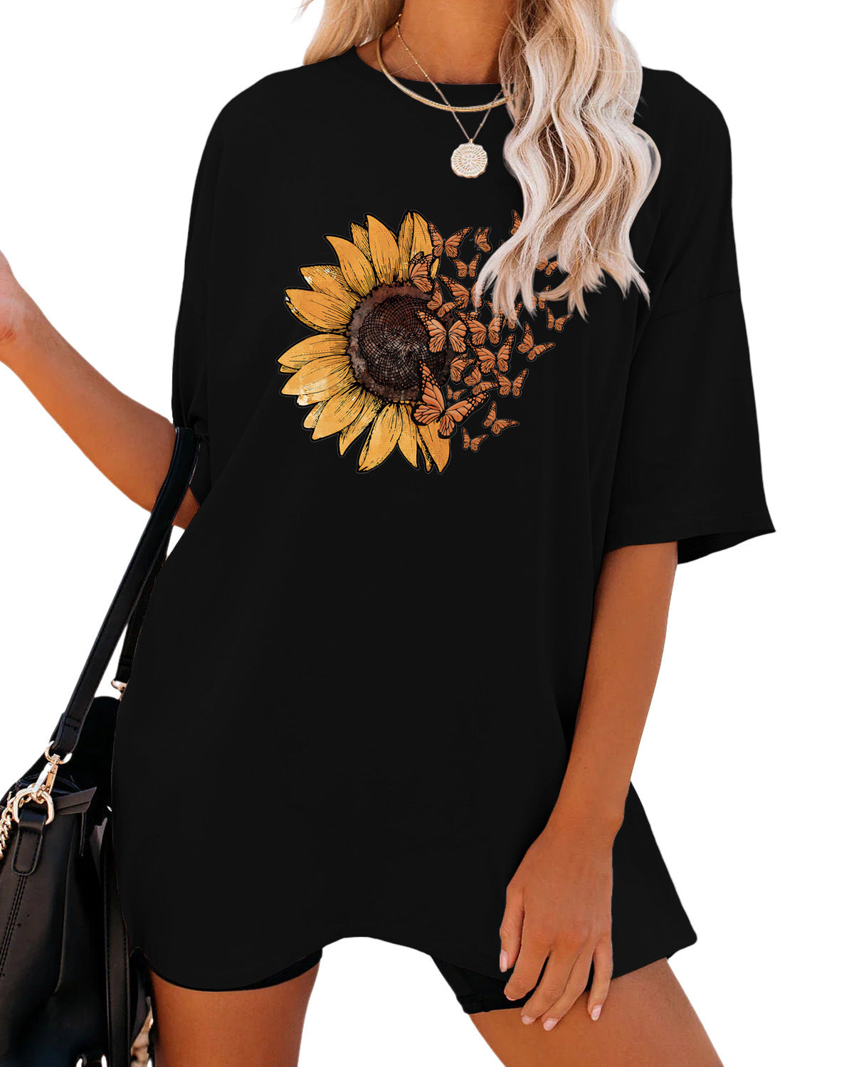 Casual Sunflower Print Loose T-Shirt Women's Round Neck Fashion Short Sleeve Shirt