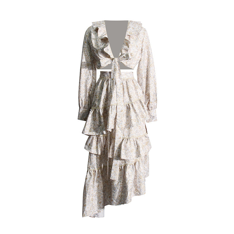 Retro Garden Style Spring New V-Neck Long Sleeve Short Top Mid-Waist Cake Swing Floral Women's Suit Skirt