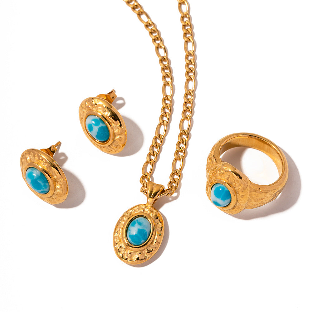 5pcs New Titanium Steel Earrings 18K Gold Stainless Steel Turquoise Hammer With Turquoise Stud Earrings