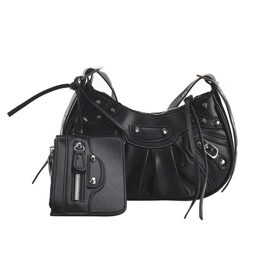 Girls Crossbody Biker Bag  Spice Punk Rivet Underarm Bag Pleated Single Shoulder Crescent Bag For Girls