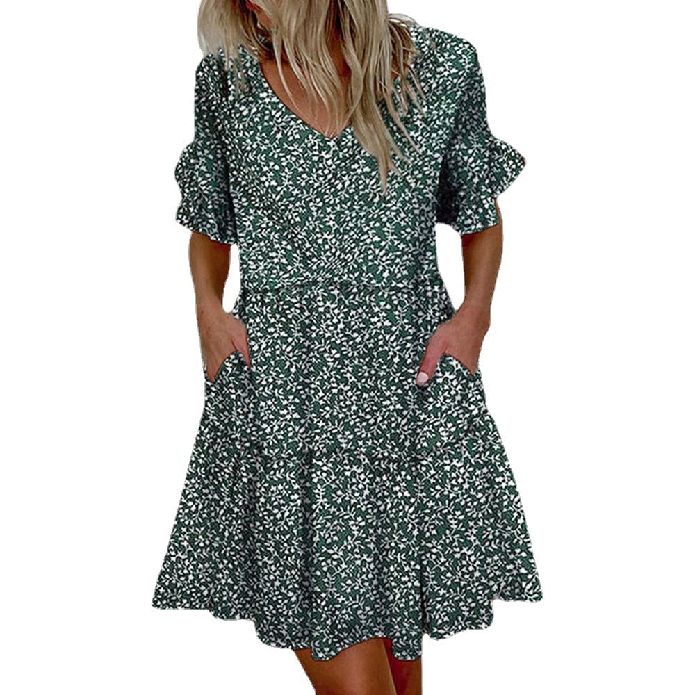 Women's Dress New Skirt Fashion Print Ruffled Pocket Short Female Dress A Hair