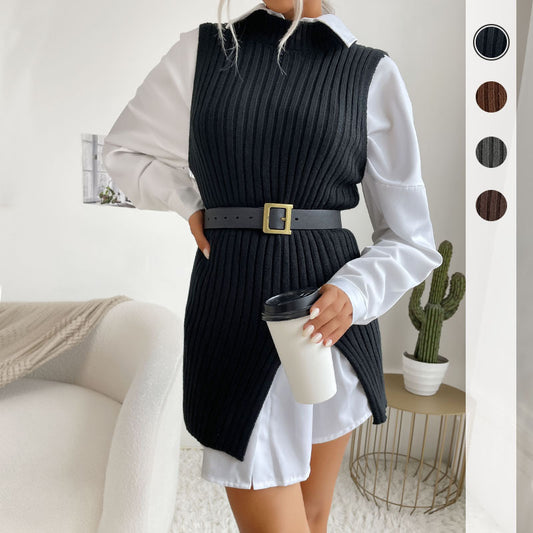 Early Autumn  Women's Slit Solid Color Medium Long Vest Sweater