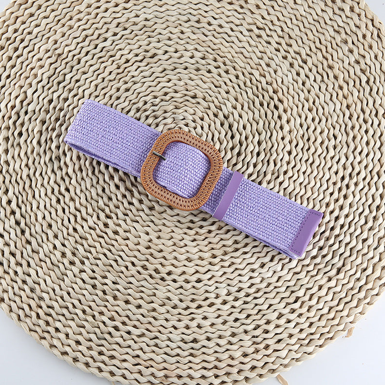 Cotton Hemp Wind Pp Grass Woven Belt For Women Round Square Buckle Dress Gown Decoration Belt