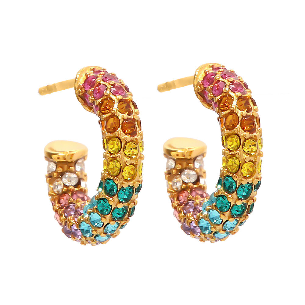 5pcs New Fashion Earrings 18K Gold Plated Stainless Steel Inlaid With Colored Zircon Ring Earrings