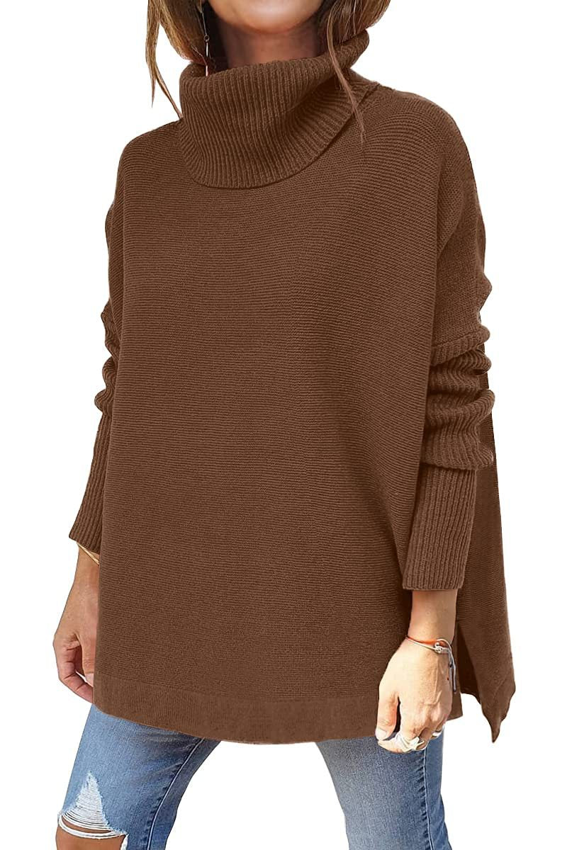 New Women's Turtleneck Oversized Sweater Mid-Length Batwing Sleeve Slit Hem Tunic Jumper