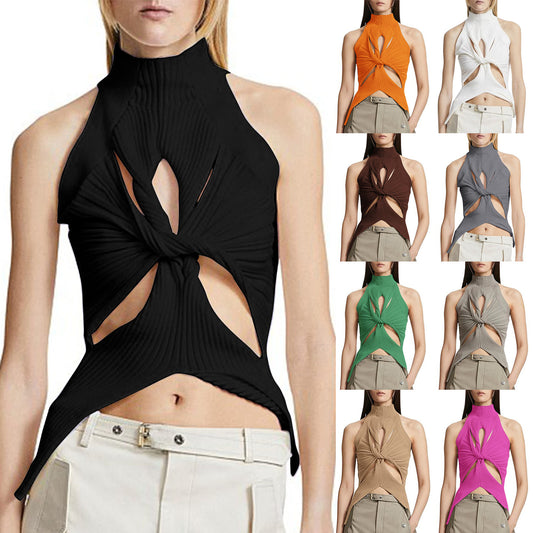 Sexy Irregular Sleeveless Hollow Knotty Sweater Vest Women Fashion Semi-High Neck Solid Color Crop