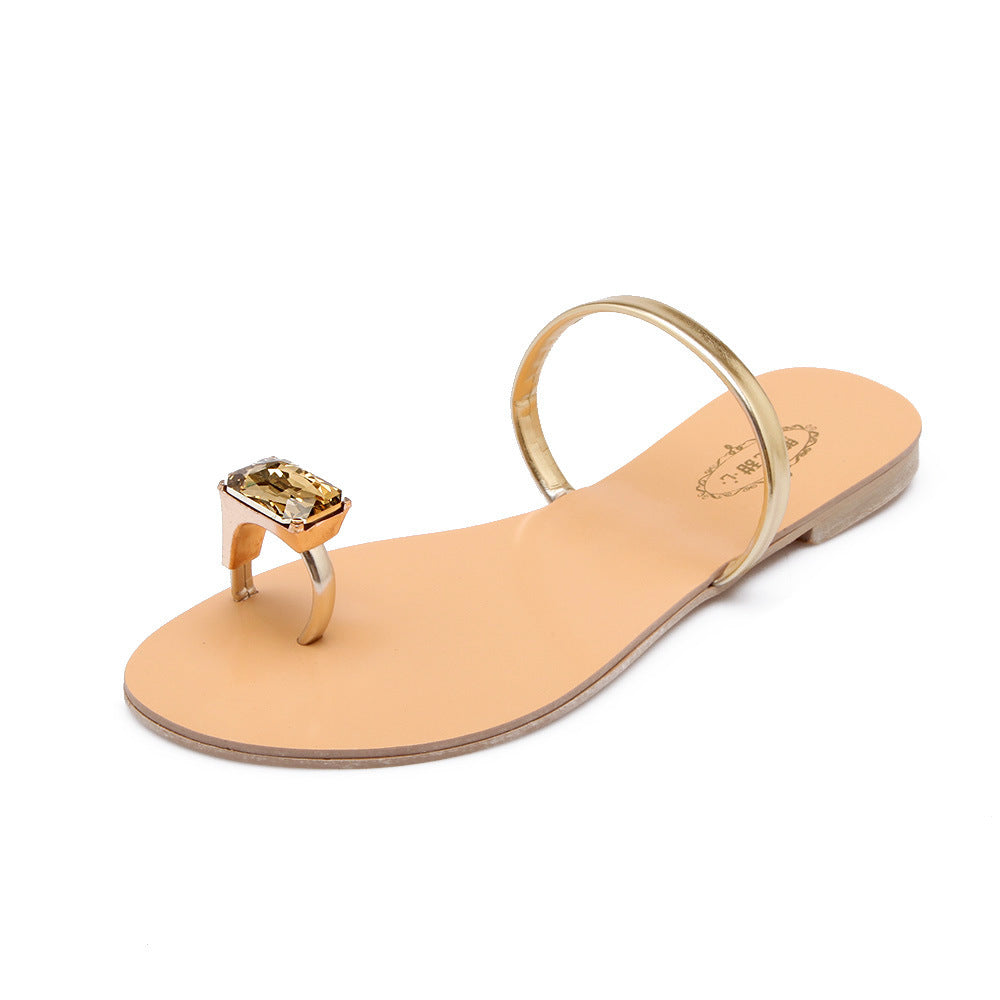 Women's Summer Fashion Wear A Line Set Toe Round Head Diamond Slippers Women's Flat Slippers