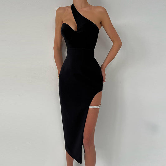 Spring And Summer New Women's Dress Temperament Sexy Oblique Shoulder Split Breast Dress Female