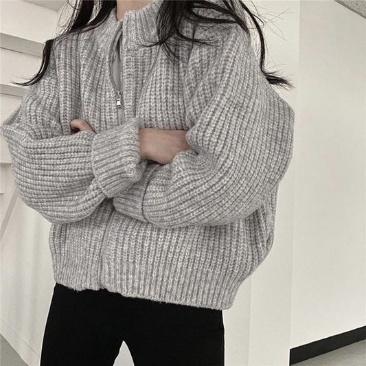 South Korea Autumn And Winter New Retro Lazy Loose Zipper Twist Sweater Coat Female Thick Line Knitted Cardigan
