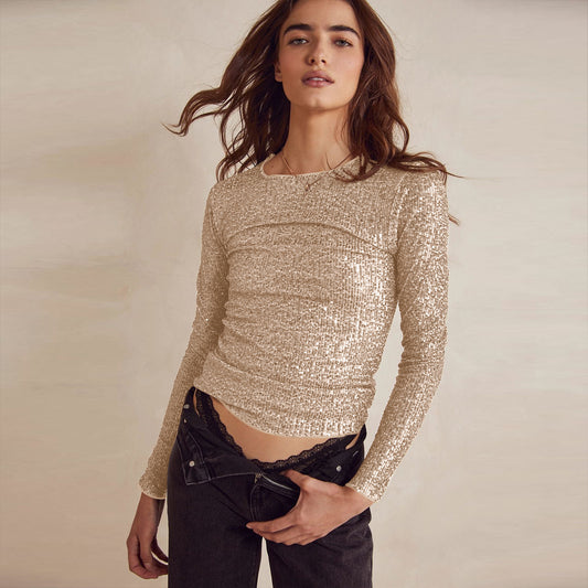 Beaded T-Shirt Women's Sense Sequin Solid Color Sequin Long Sleeve Crew Neck Base Spice Top