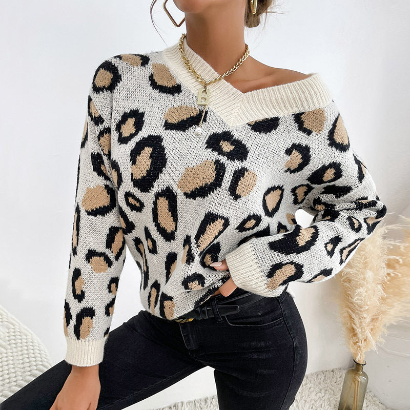 Stylish Leopard Print Knitted Pullover: Women's Autumn & Winter Fashion Sweater