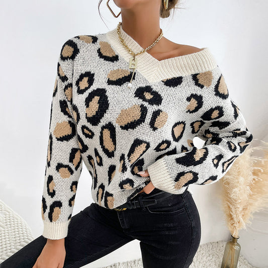 Stylish Leopard Print Knitted Pullover: Women's Autumn & Winter Fashion Sweater