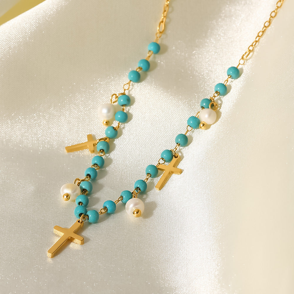 5pcs New Popular Women's Necklace Blue Stone Rice Bead Choker Cross Light Pearl Fringe Pendant Necklace