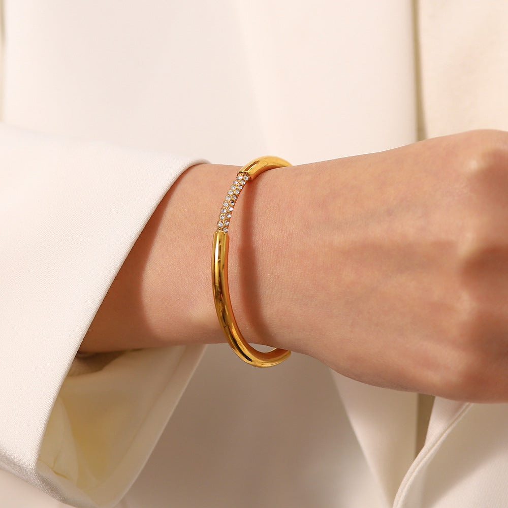 5pcs Design 18K Gold Stainless Steel Inlaid With Green Diamond Open Bracelet Vacuum Electroplating Fashion Hand Jewelry