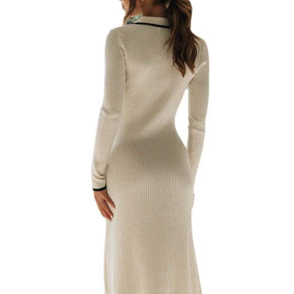 New Fashion Lapel Knitted Midi Skirt Slimming Temperament Cover Buttock Long-Sleeved Dress