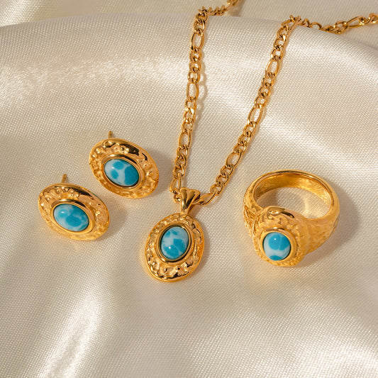 5pcs New Titanium Steel Earrings 18K Gold Stainless Steel Turquoise Hammer With Turquoise Stud Earrings