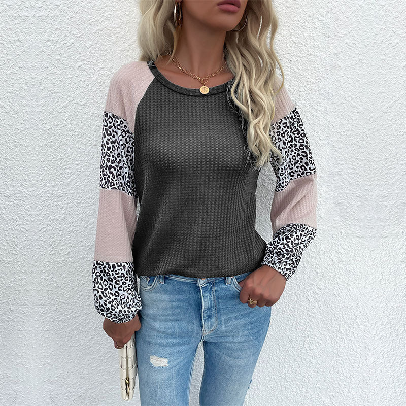 Fall New ern Style Long-Sleeved Waffle Top Spliced Leopard Knit