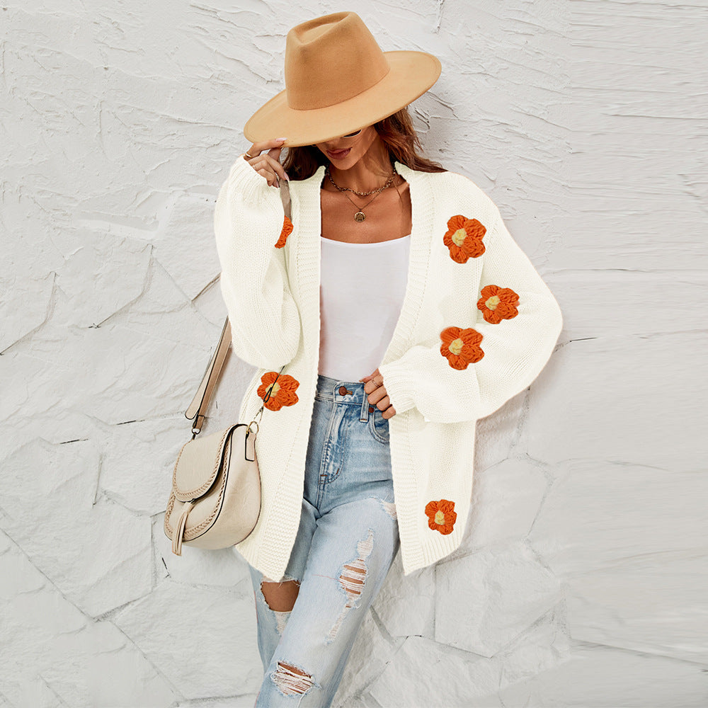 New Winter New Large Size Women's Clothing Flower Cardigan Lantern Sleeve Sweater Coat