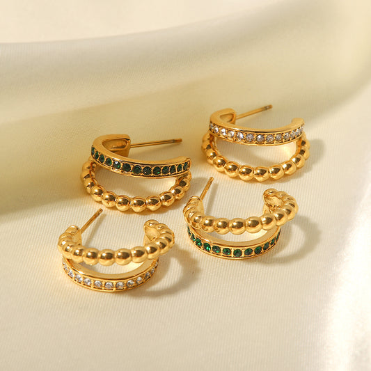 5pcs The New 18K Gold Plated Stainless Steel Fashion All-Match C-Shaped Double Gold Beads Set With Green/White Diamond Earrings