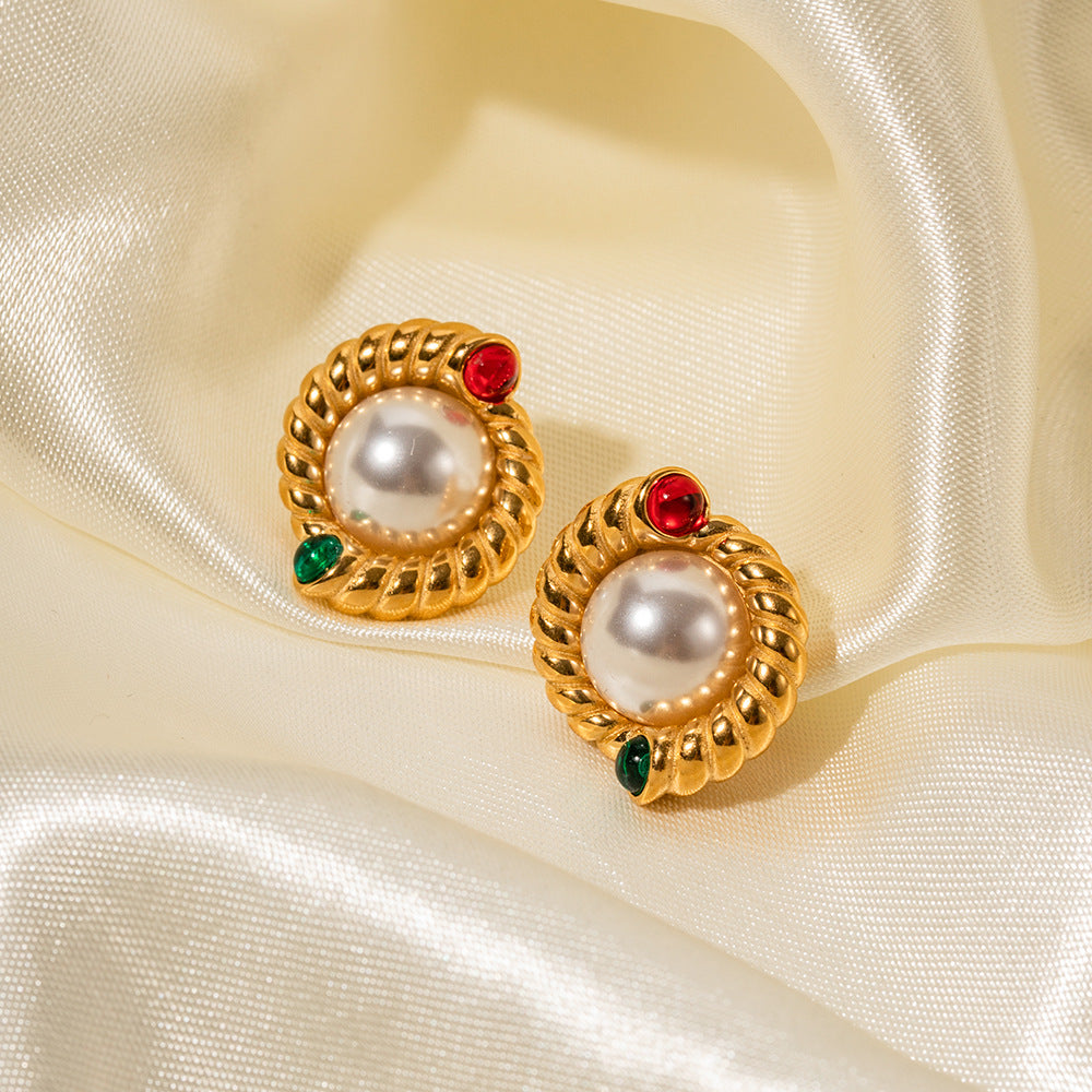 5pcs New All-Match 18K Gold Stainless Steel Symmetrical Texture Beaded Earrings Fashion Style Design Sense Earrings