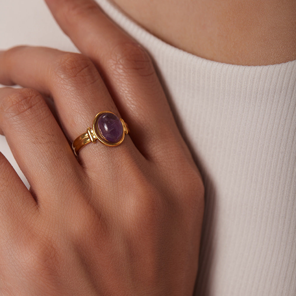 5pcs Same Ring 18K Gold Oval Tiger Eye/Green/Purple Semi-Precious Stone Opening Ring Female