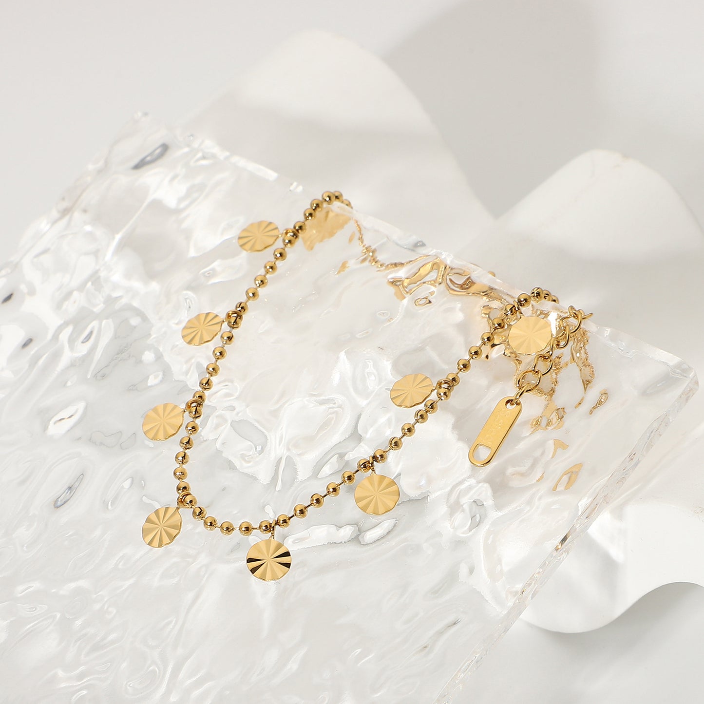 5pcs 18K Gold Plated 316L Stainless Steel Anklet Beaded Petal Disc Pendant Anklet Anklet Foot Decoration Woman