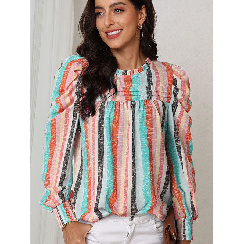 Thin Simple Striped Chiffon Shirt Women's New Autumn Pullover Round Neck Long Sleeve Blouse Women