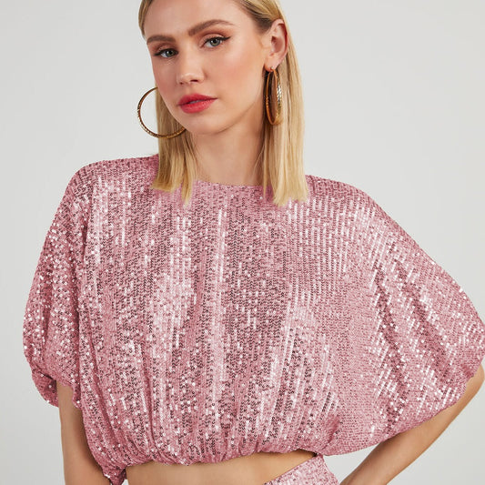 Sequin Women's Lantern Sleeve Round Neck T-Shirt Beads Loose Slimming Fleshy Spice Girl Top