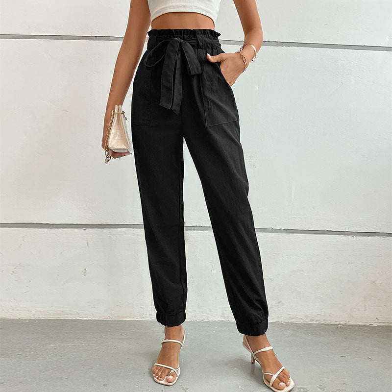 New Spring Summer High-Waist Lace-Up Pants Casual Pocket Pants Women