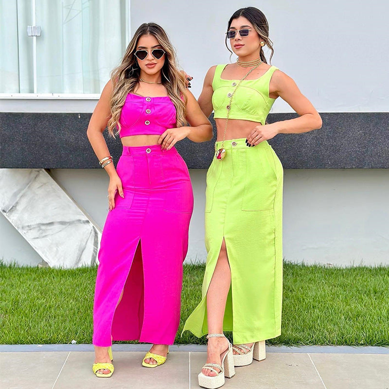 Women's Autumn New Fashion Square Collar Halter Vest High Waist Slit Skirt Suit