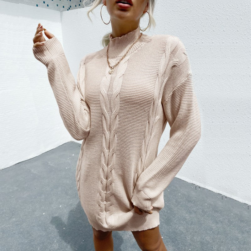 Loose Solid Color Twist Sweater Dress with Half Turtleneck