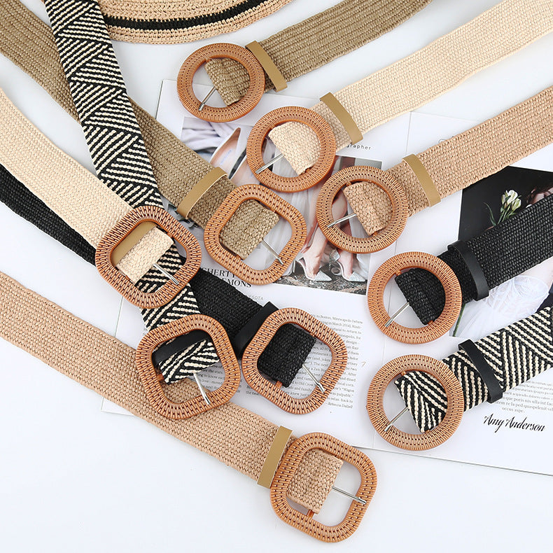 Cotton Hemp Wind Pp Grass Woven Belt For Women Round Square Buckle Dress Gown Decoration Belt