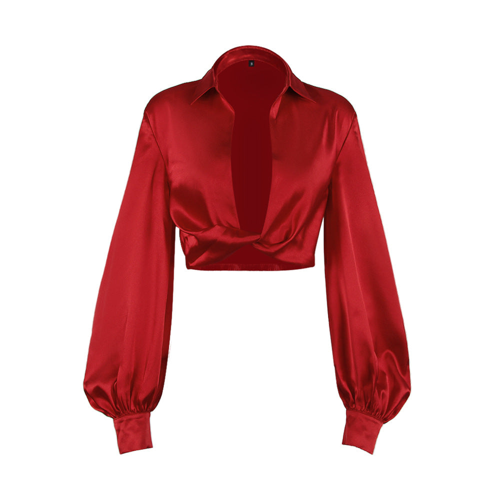 Fashion Women's Sexy Short Crop Shirt Female Lantern Long-Sleeved Loose Spice Girl Top Cardigan Female