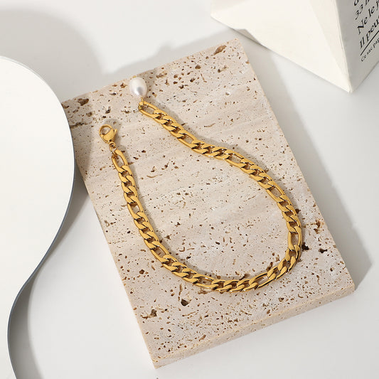 5pcs New Fashion 18K Gold-Plated Stainless Steel Figaro Chain Anklet Light Baroque Pearl Anklet Women