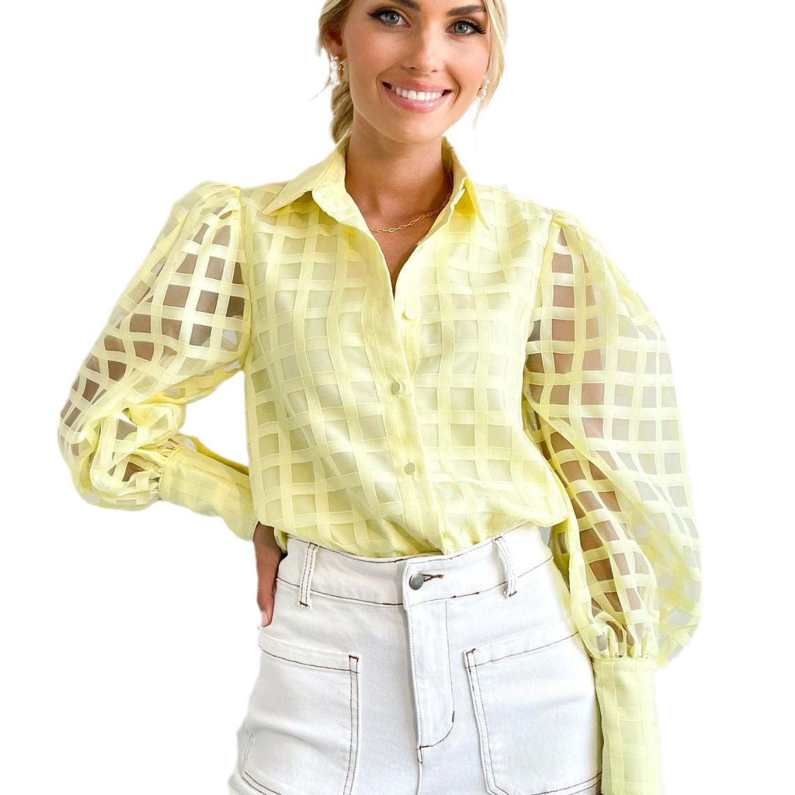 Autumn New American Women's Fashion Solid Color Transparent Lattice Advanced Sense Of Small Flying Sleeve Shirt Woman