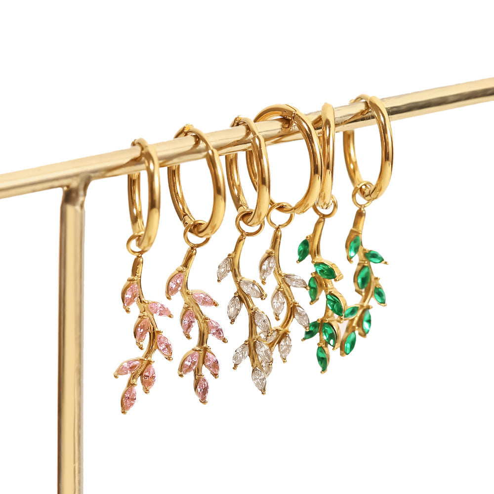 5pcs New Titanium Steel Pendant Earrings 18K Gold Inlaid Green // White Zircon Leaf Pendant Earrings Female