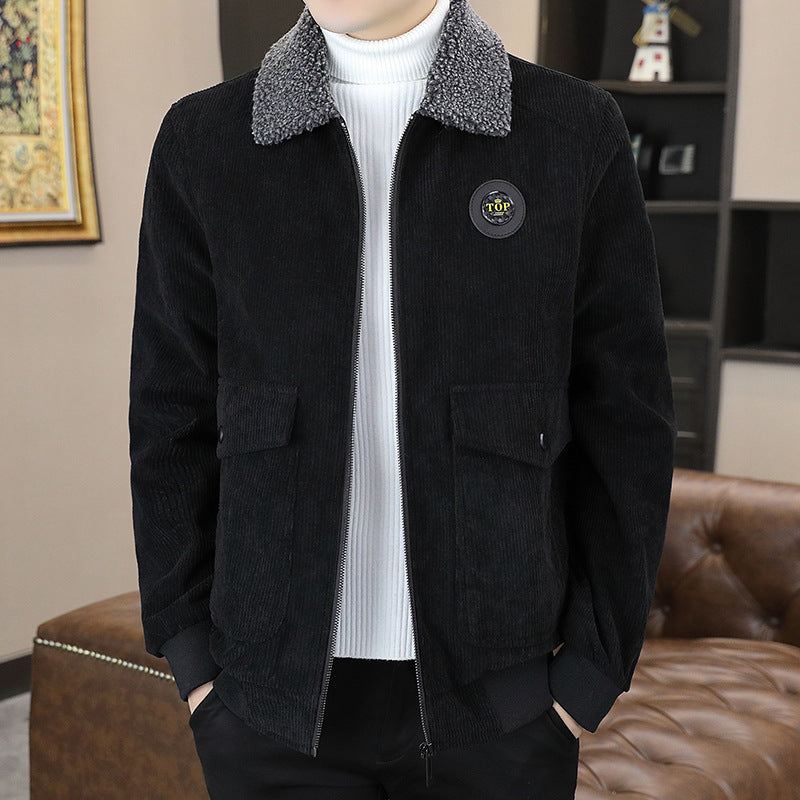Corduroy Jacket Men's Winter Loose Baseball Uniform Lapel Clothing Plus Fleece Thickened Casual Cargo Jacket