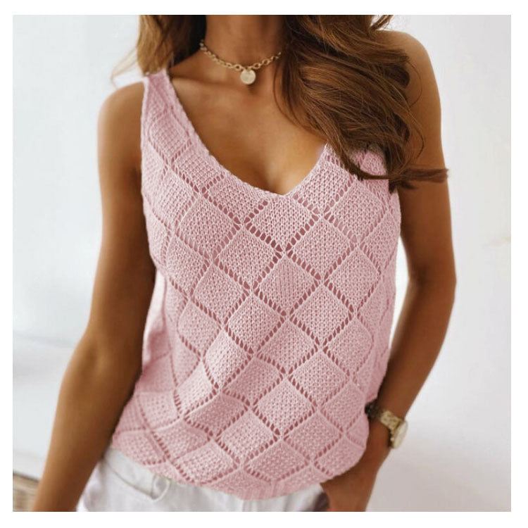 Summer New Diamond Hollow V-Neck Mature Solid Color Knit Sweater Vest Women