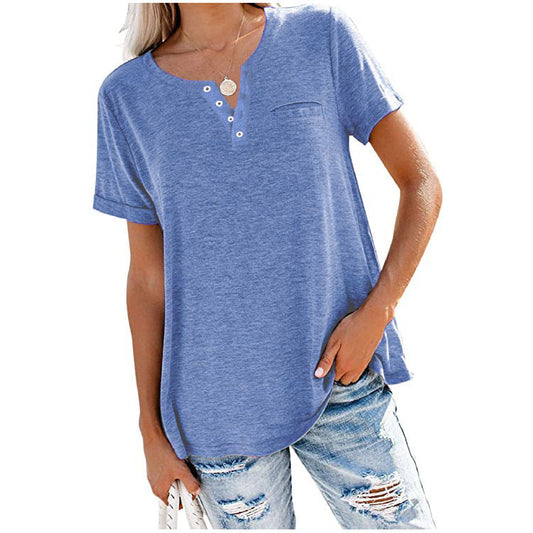 Spring And Summer New Top V-Neck Short Sleeve Pocket Loose T-Shirt Woman