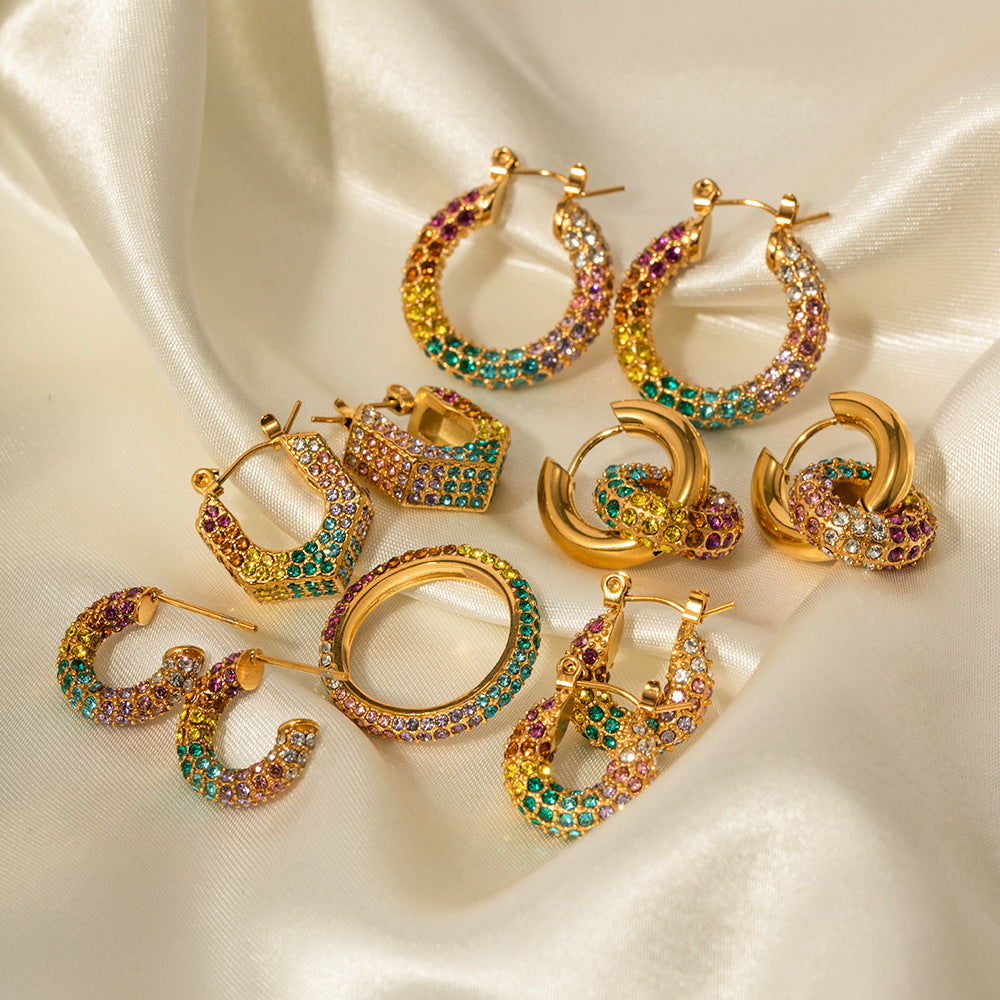 5pcs New Gold-Plated Earrings Multicolor Earrings Full Of Diamond Hoops High-Grade Sense Of Women
