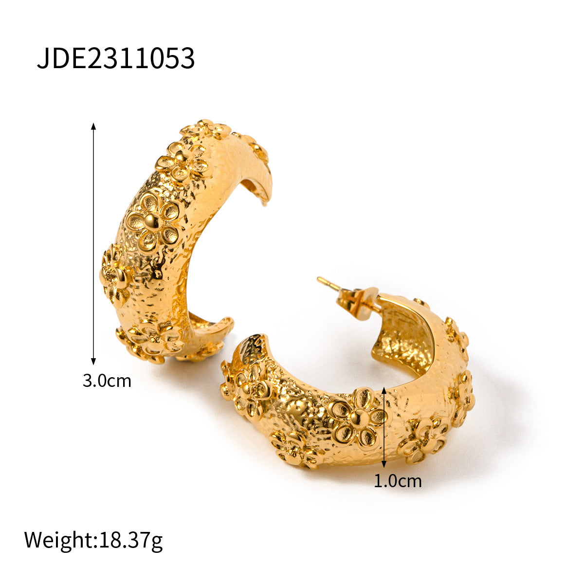 5pcs 18K Gold Stainless Steel Hammer Flower C-Shaped Earrings Niche Design Sense Of High-End Earrings Studs Women