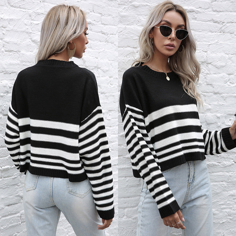 Autumn Chic: Women's Loose-Fit Black Knitted Striped Crew-Neck Sweater Bottom Shirt