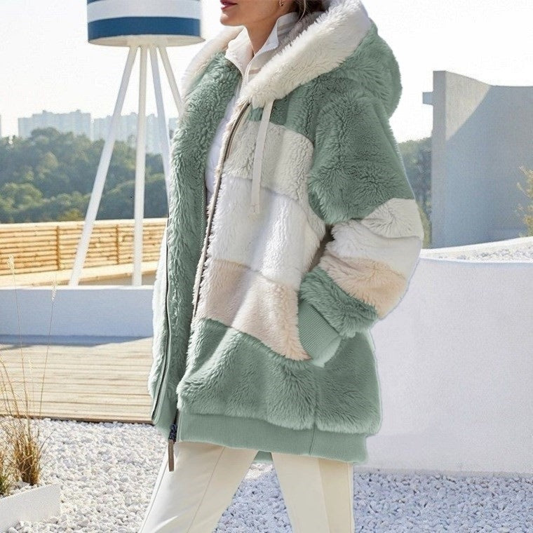 Autumn And Winter Warm Plush Patchwork Zipper Pocket Hooded Loose Coat Women