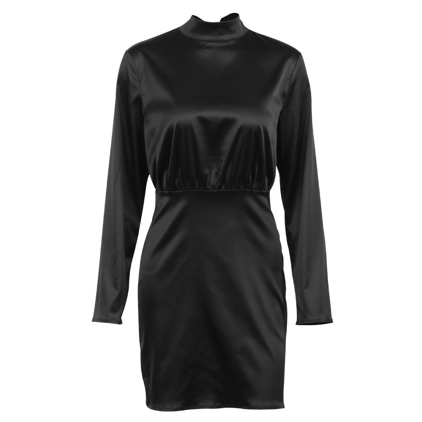 Spring/Summer New Backless Turtleneck Dress Commuter Bow Little Black Dress Dress Satin Ice Silk
