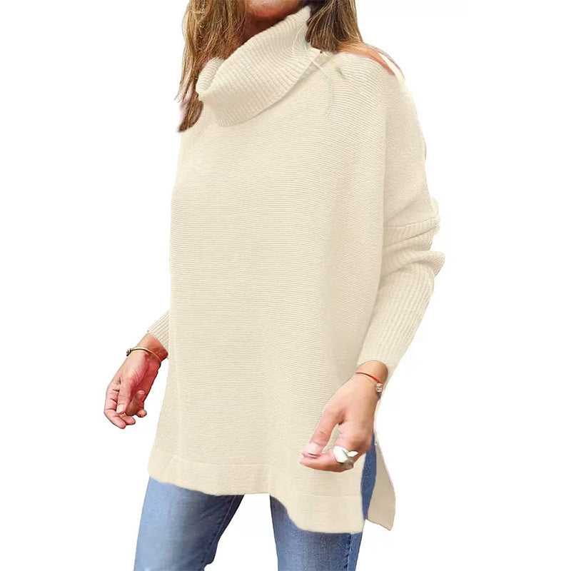 New Women's Turtleneck Oversized Sweater Mid-Length Batwing Sleeve Slit Hem Tunic Jumper