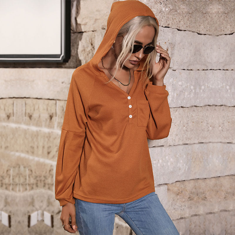 Autumn Winter New Casual Shirt Solid Color Pocket Hooded Sweater Women