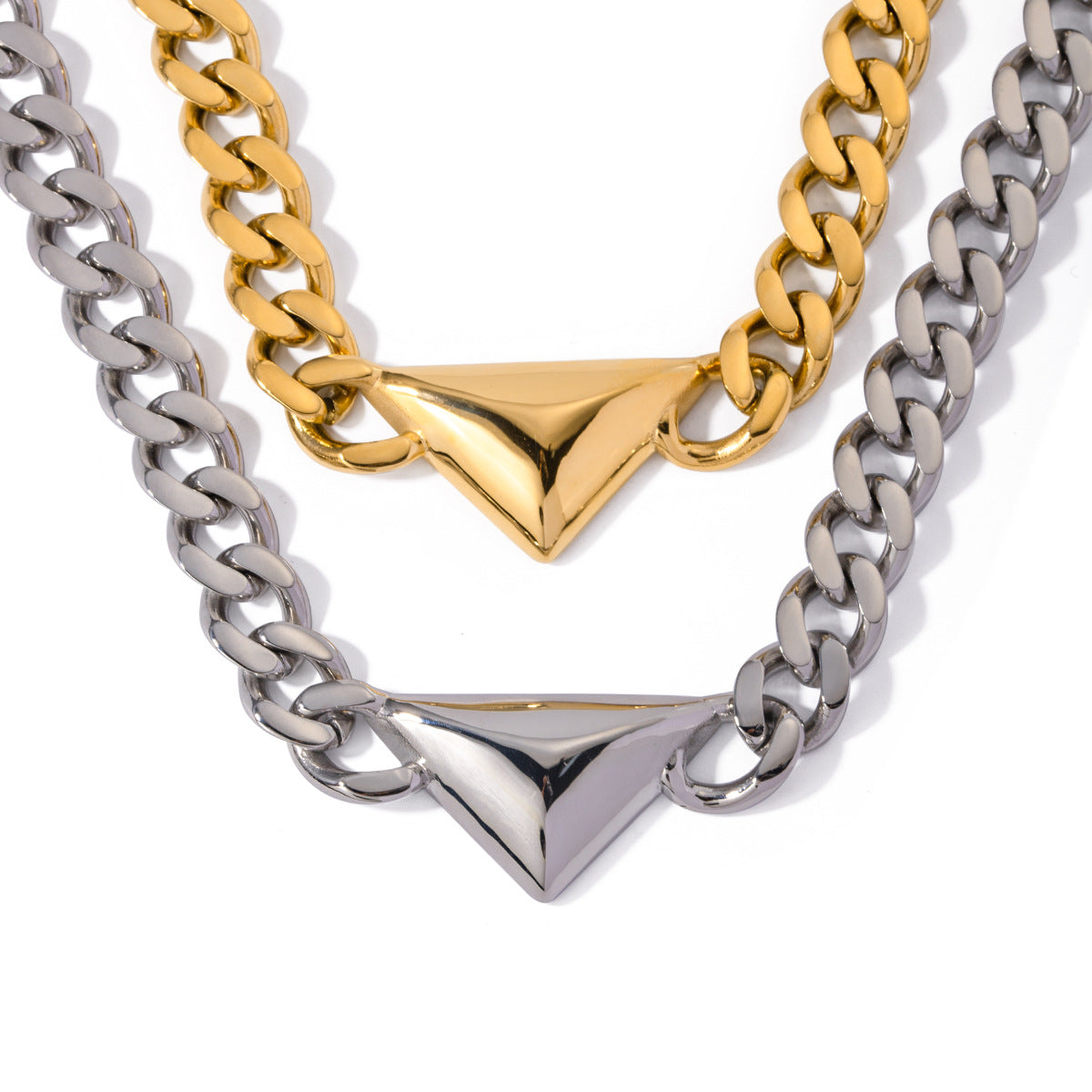 5pcs 18K Gold Stainless Steel Triangle Necklace Cuban Chain 45Cm Jewelry Simple Design Necklace