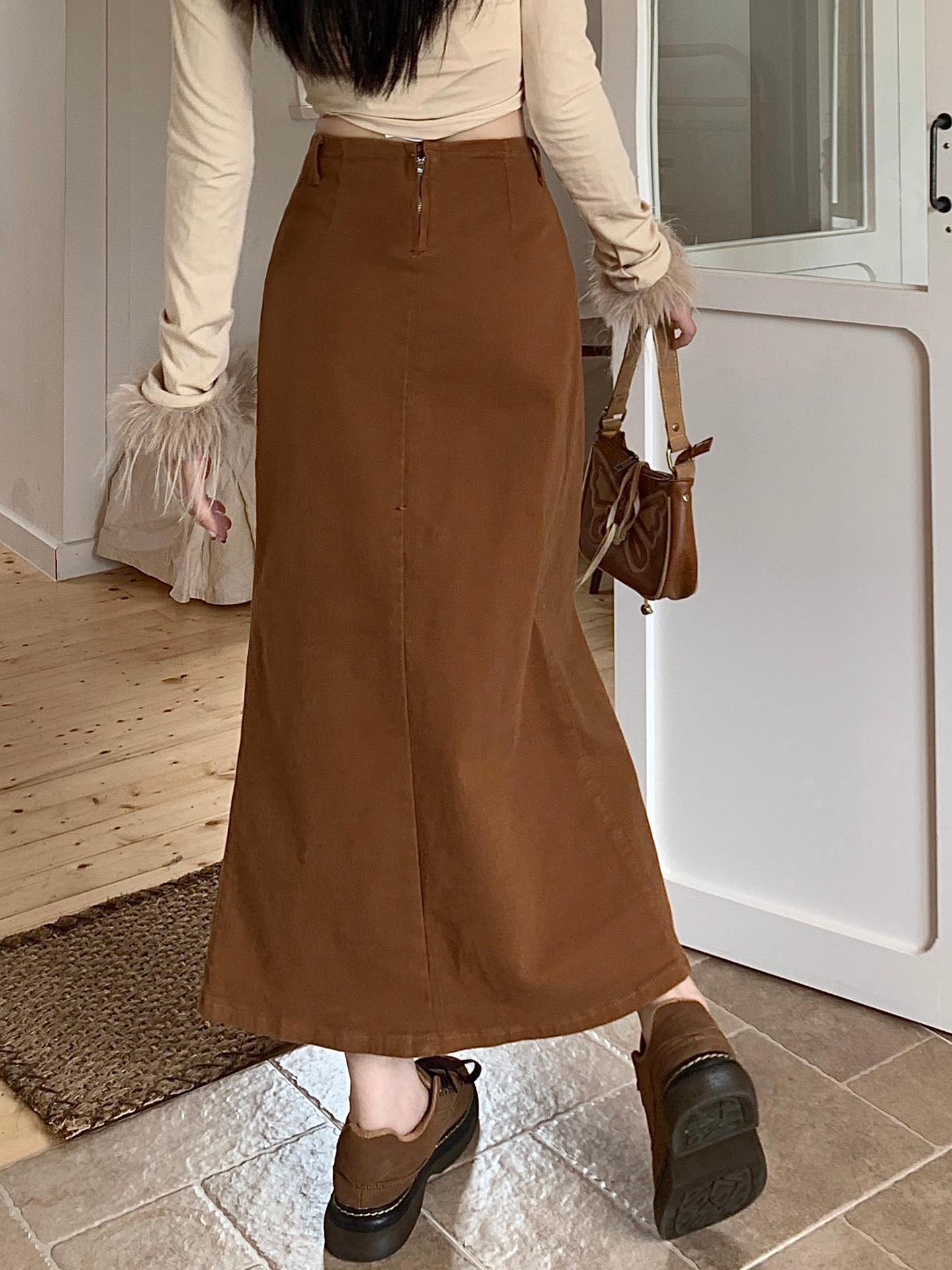 Big Size Fat Mm Retro Brown Denim Skirt Female Autumn New Spice Girl Strap Design Feeling Wrapped Hip Skirt